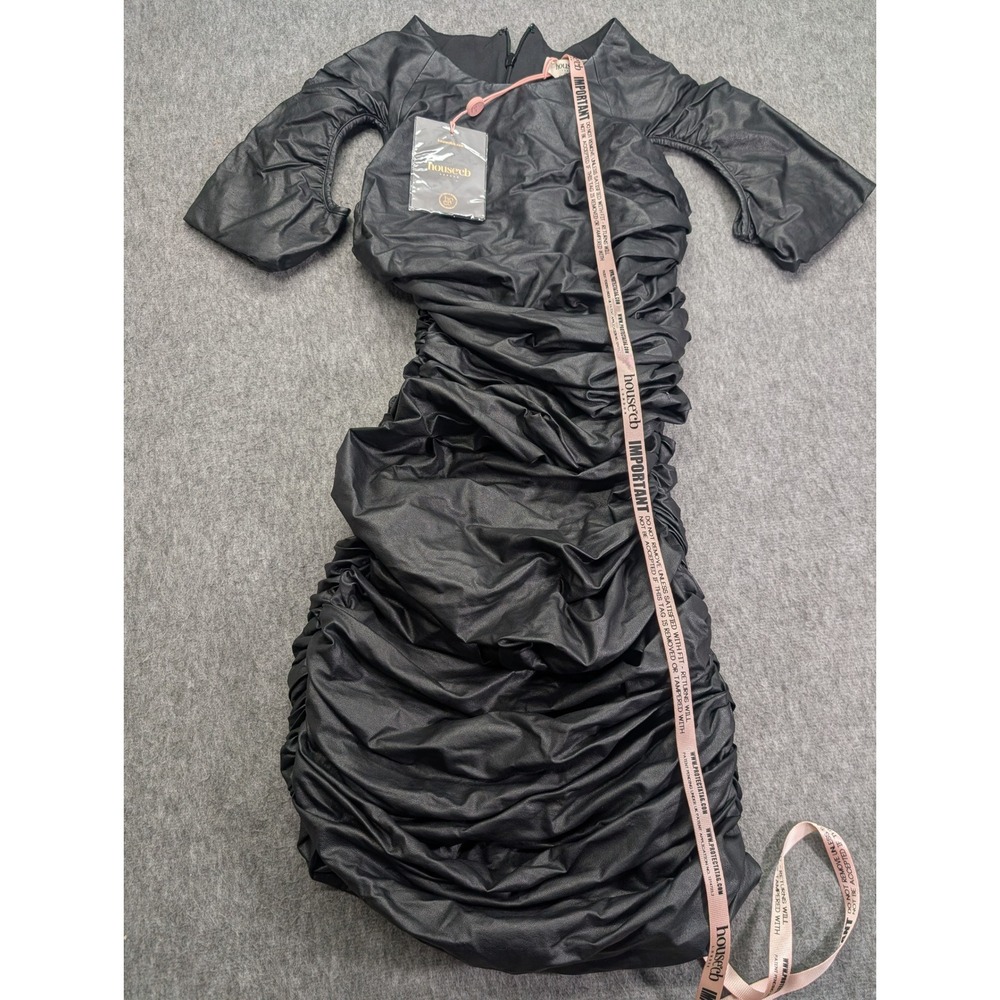 House of CB Alcea Black Vegan Leather Ruched Mini Dress SB6862 Small NWT